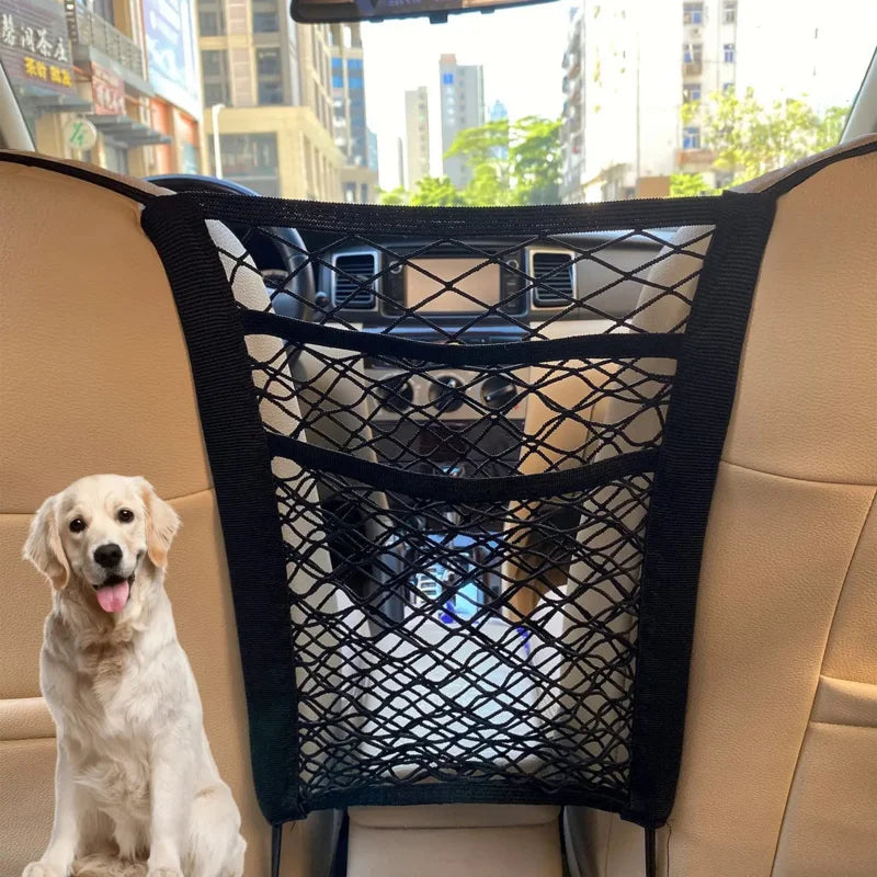 Car Storage Net Bag – Elastic Organizer & Pet Barrier Between Seats