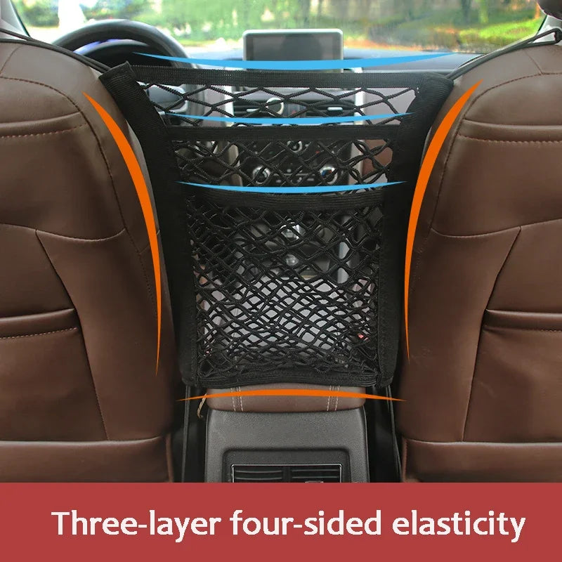 Car Storage Net Bag – Elastic Organizer & Pet Barrier Between Seats