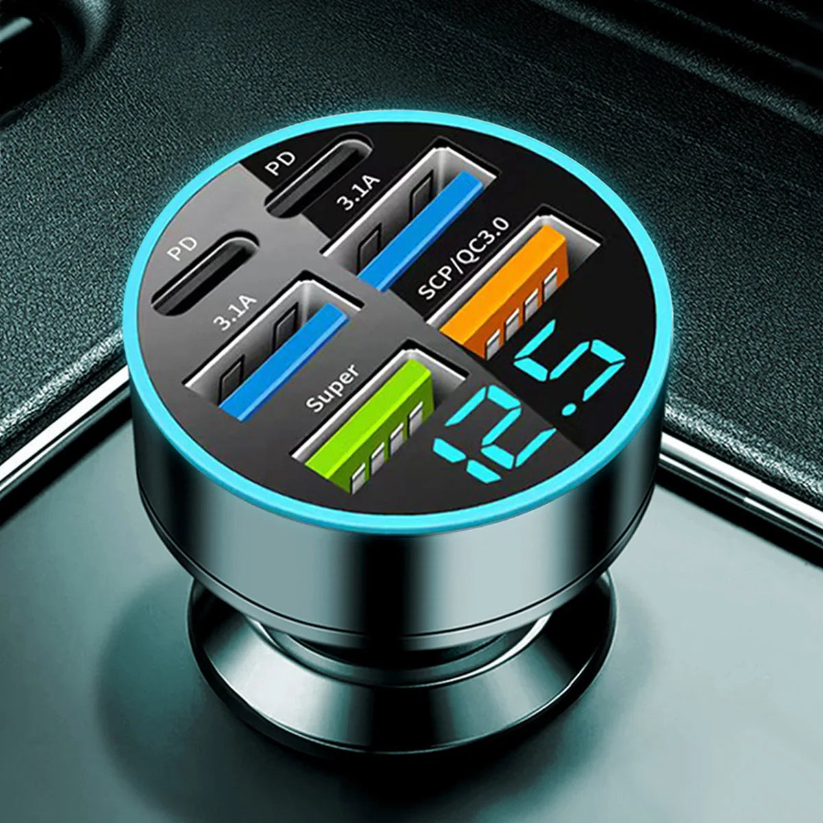 6-Port USB-C Car Charger – Super Fast Charging with Digital Voltage Display