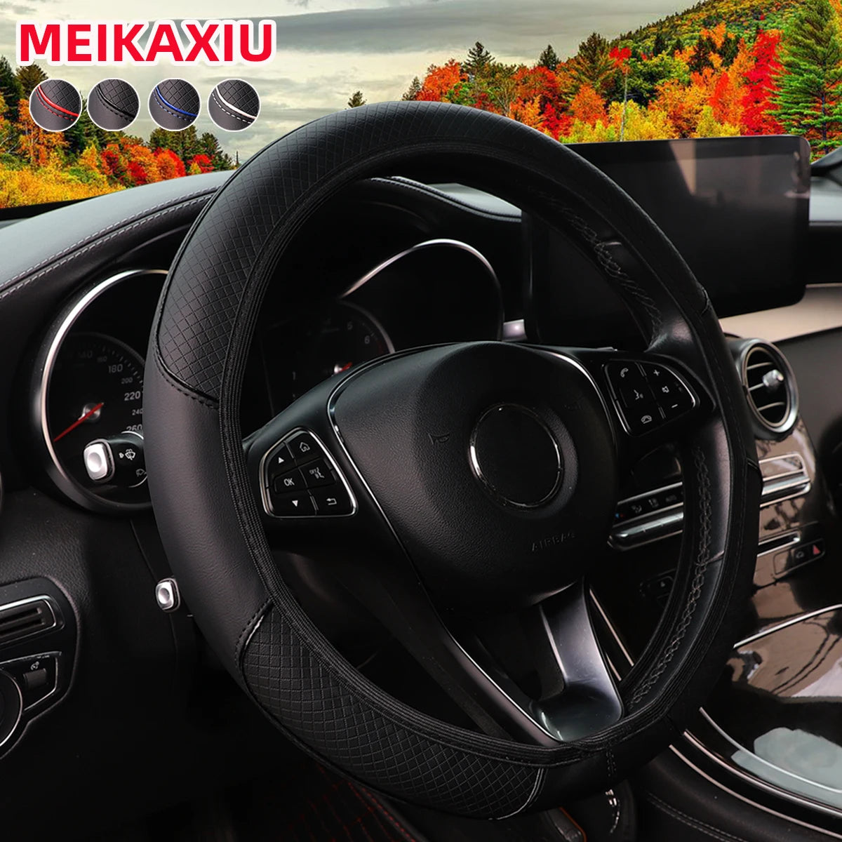 Leather Steering Wheel Cover – Red & Blue Stripe, 14.5–15" Universal Fit