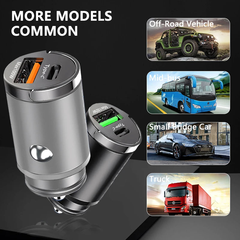 100W Mini Car Charger – Fast PD & QC3.0 USB-C for iPhone, Samsung
