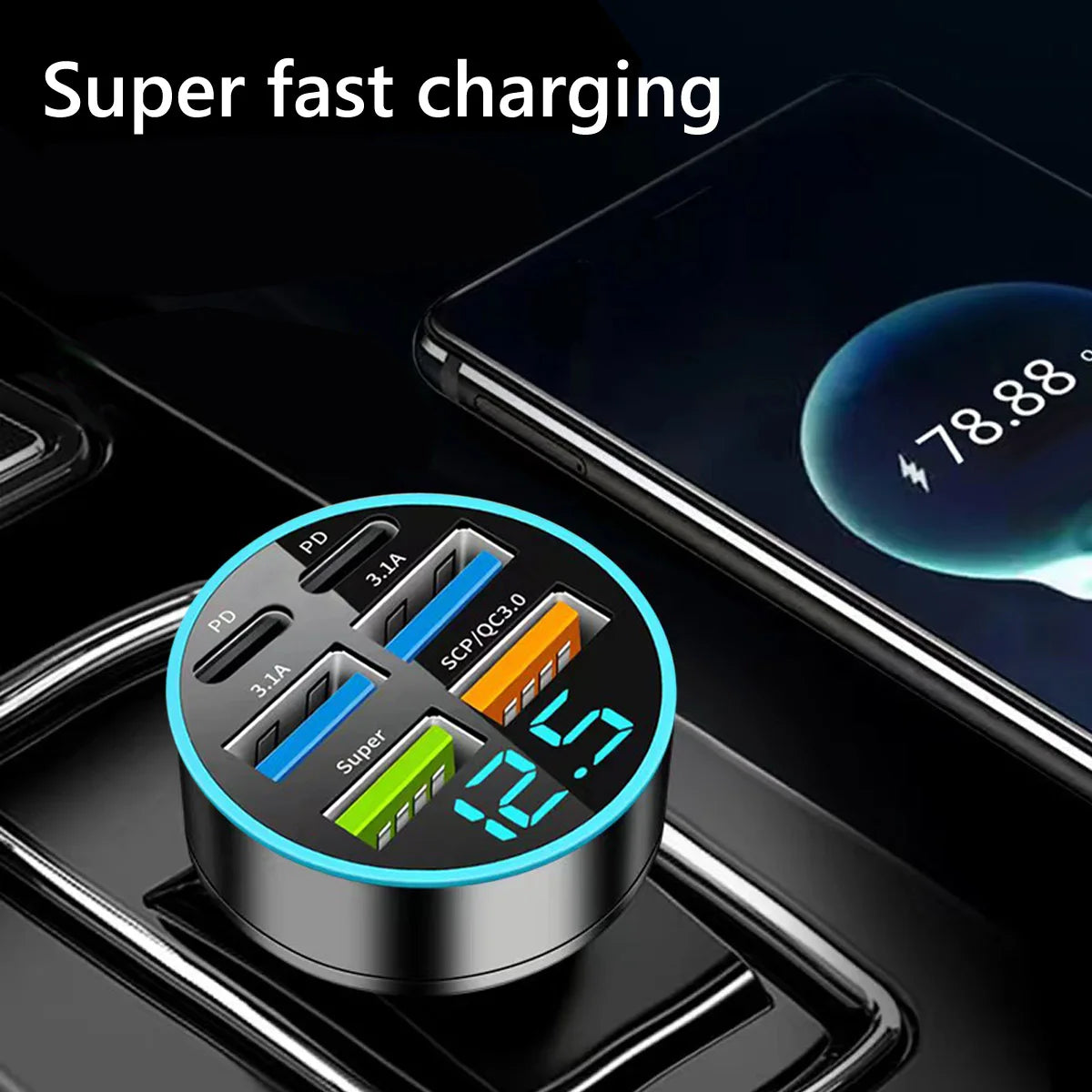 6-Port USB-C Car Charger – Super Fast Charging with Digital Voltage Display