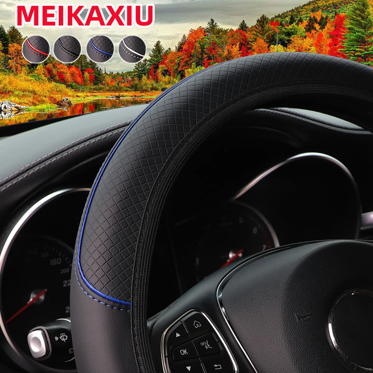 Leather Steering Wheel Cover – Red & Blue Stripe, 14.5–15" Universal Fit