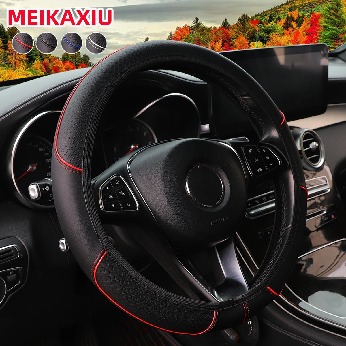 Leather Steering Wheel Cover – Red & Blue Stripe, 14.5–15" Universal Fit