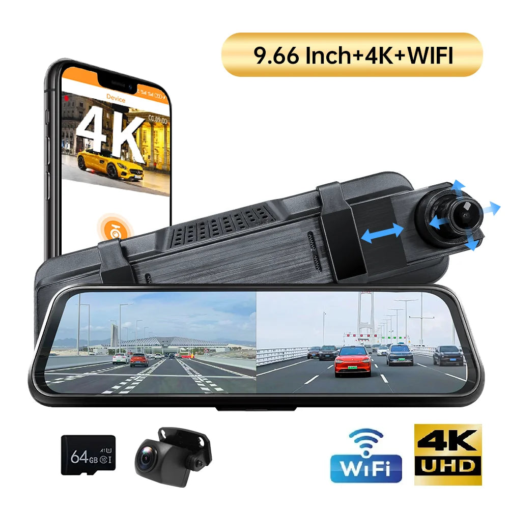 9.66” 4K Mirror Dash Cam – Dual Front & Rear View Smart Backup Camera
