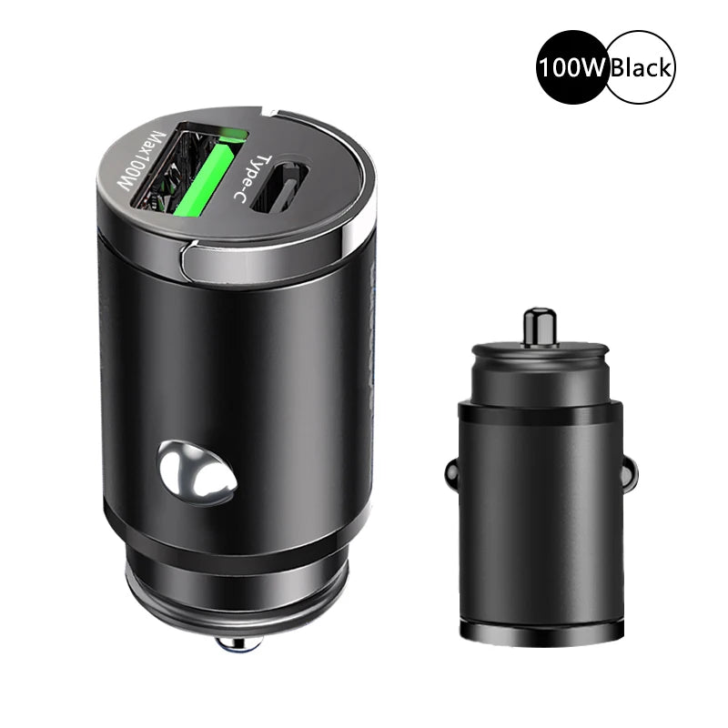 100W Mini Car Charger – Fast PD & QC3.0 USB-C for iPhone, Samsung