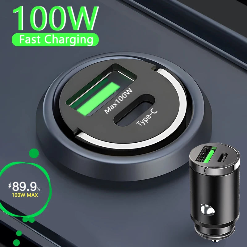 100W Mini Car Charger – Fast PD & QC3.0 USB-C for iPhone, Samsung