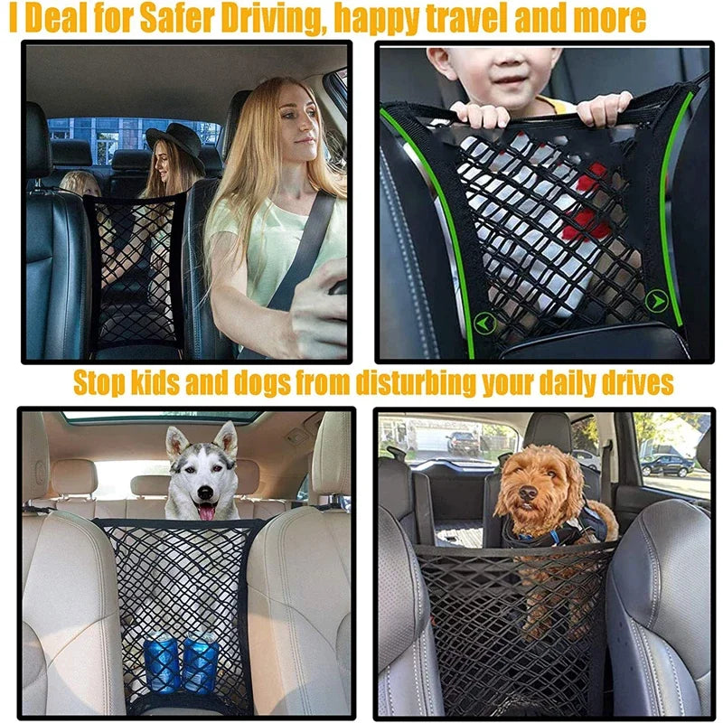 Car Storage Net Bag – Elastic Organizer & Pet Barrier Between Seats