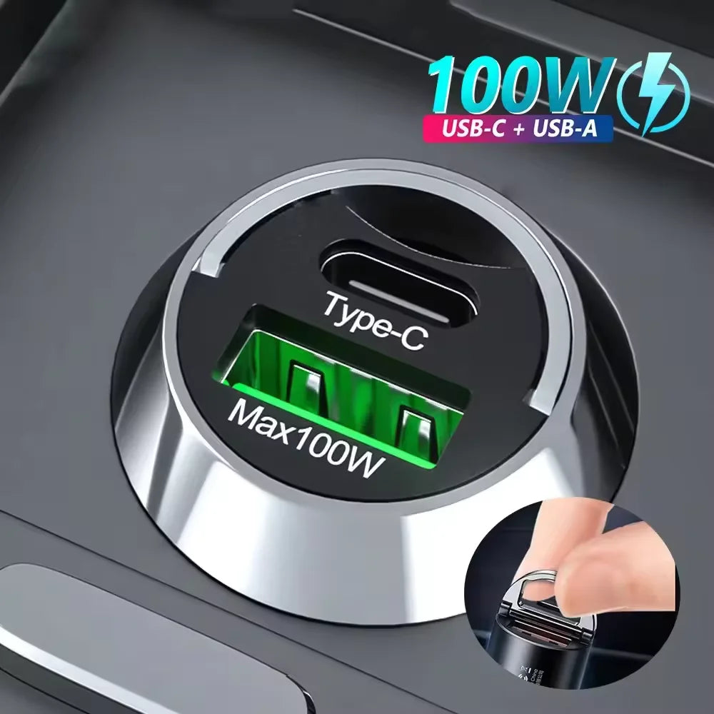 100W Mini Car Charger – PD Type-C Fast Charging for iPhone, Samsung