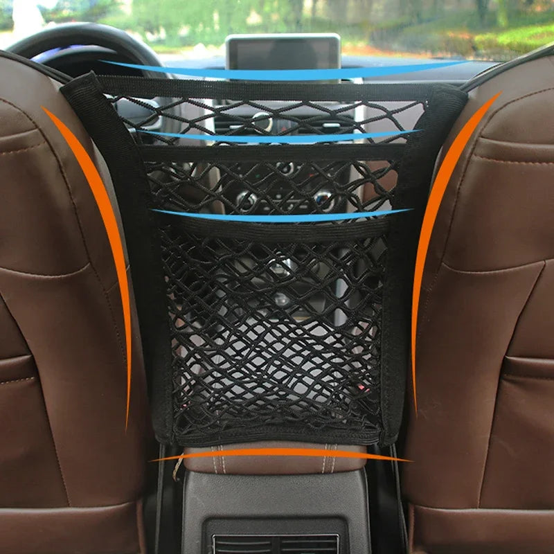Car Storage Net Bag – Elastic Organizer & Pet Barrier Between Seats