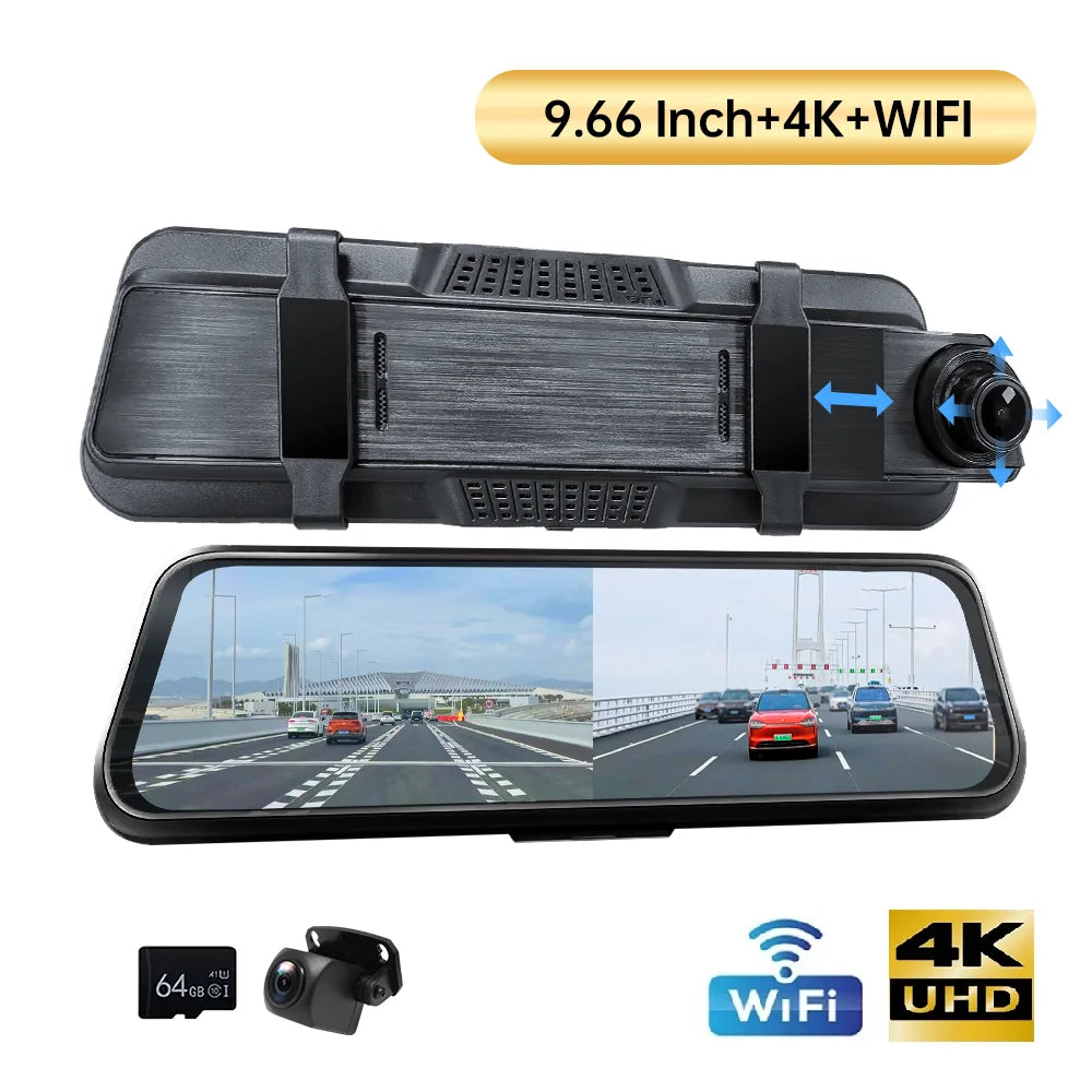 9.66” 4K Mirror Dash Cam – Dual Front & Rear View Smart Backup Camera
