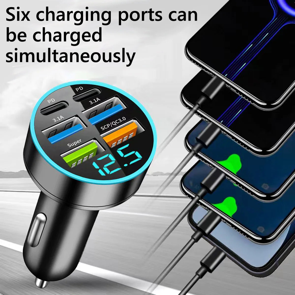 6-Port USB-C Car Charger – Super Fast Charging with Digital Voltage Display
