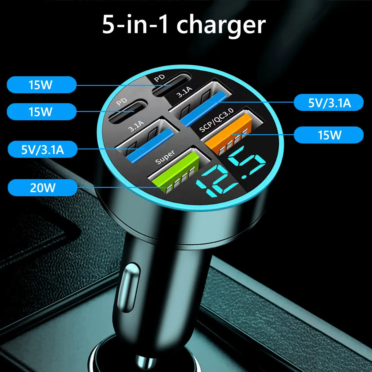 6-Port USB-C Car Charger – Super Fast Charging with Digital Voltage Display