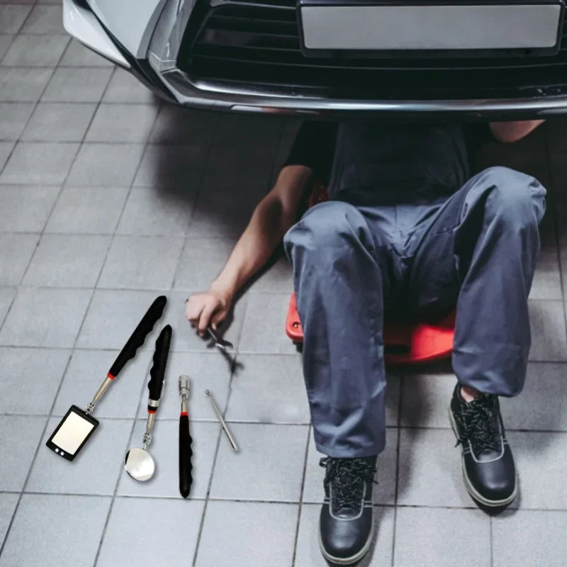 360° Telescoping Inspection Mirror – LED Light Mechanic Tool for Car Repairs
