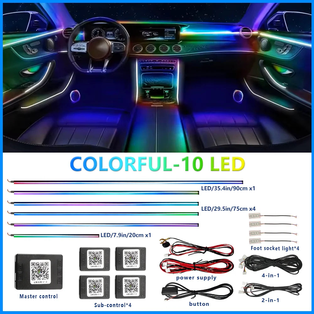 Full-Color RGB Car Interior Lighting – 18-in-1 Dual Zone Neon Acrylic Strip