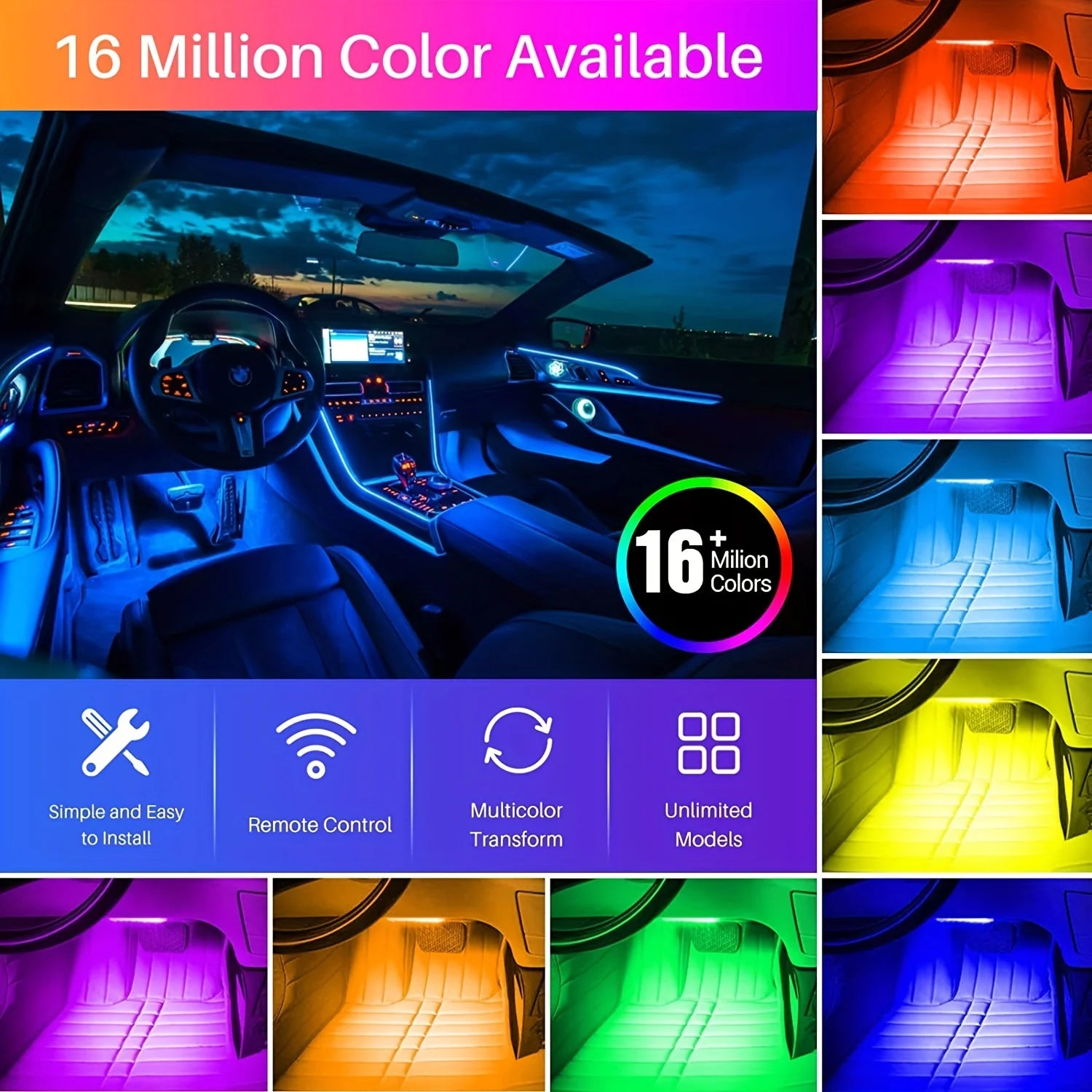 Full-Color RGB Car Interior Lighting – 18-in-1 Dual Zone Neon Acrylic Strip