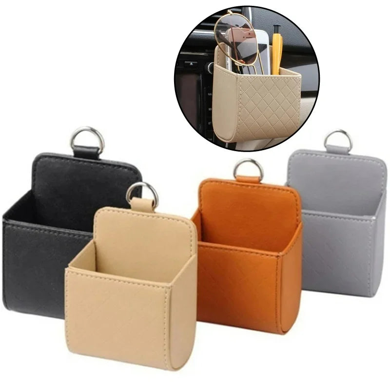 Universal Car Air Vent Hanging Organizer – Leather Storage & Phone Holder