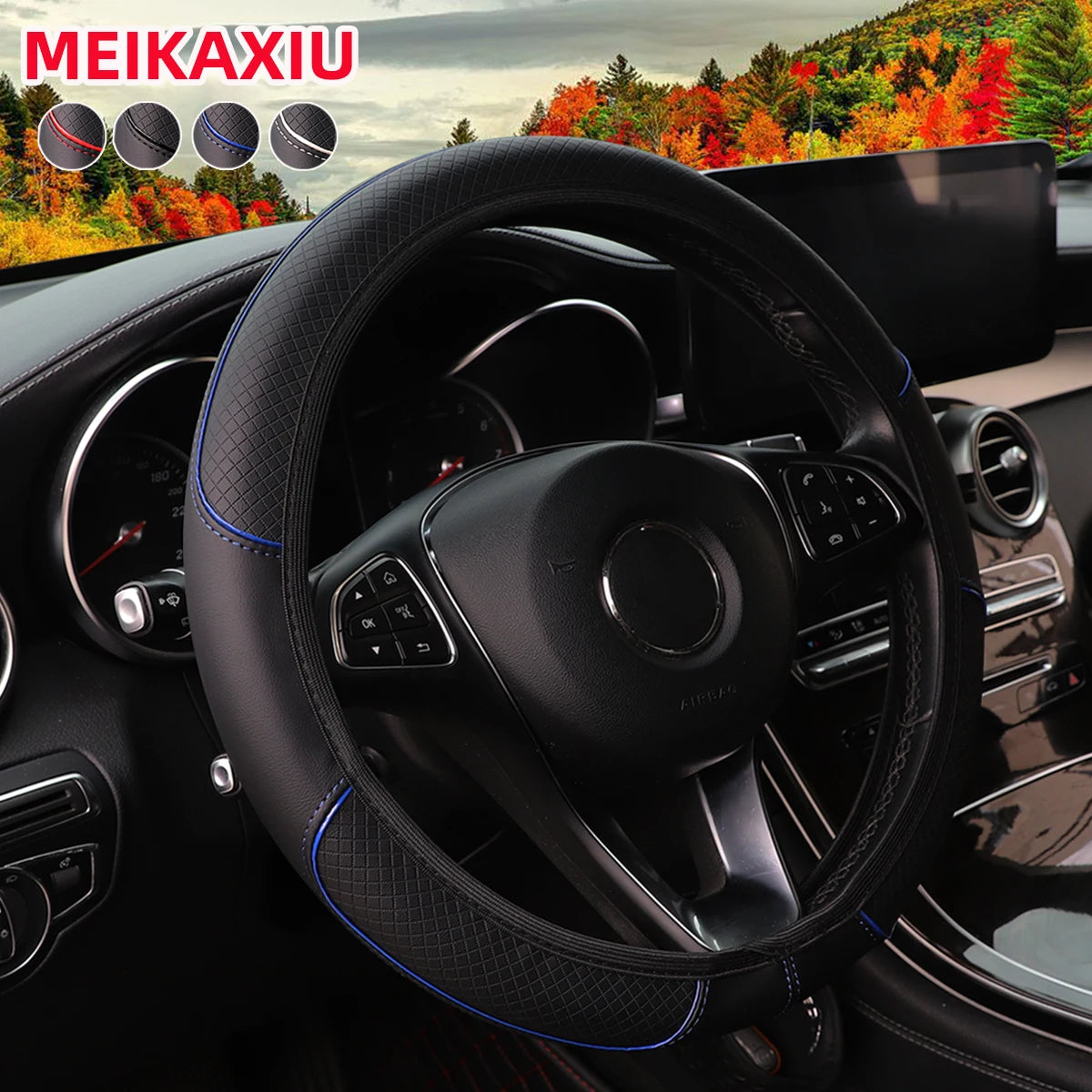 Leather Steering Wheel Cover – Red & Blue Stripe, 14.5–15" Universal Fit