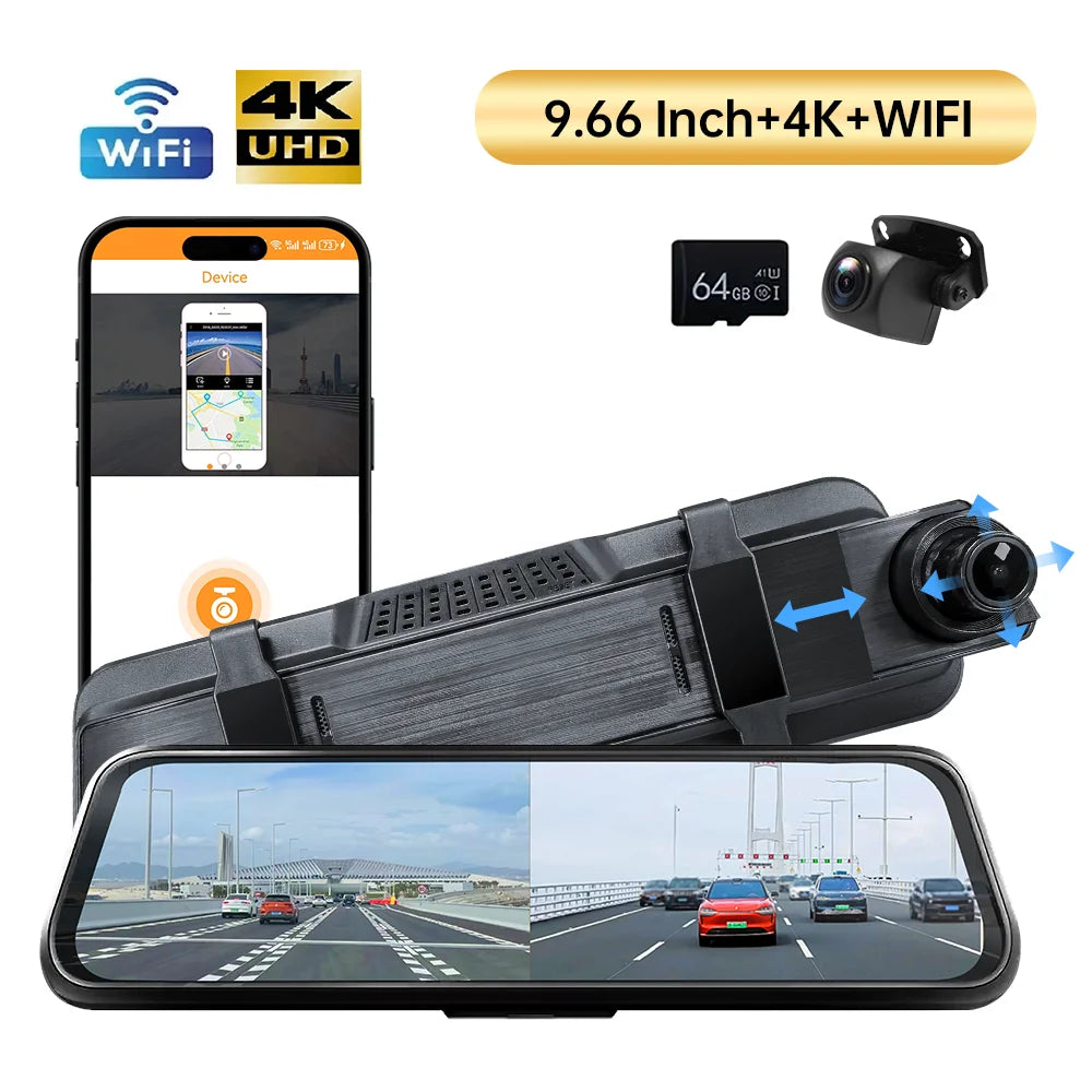 9.66” 4K Mirror Dash Cam – Dual Front & Rear View Smart Backup Camera