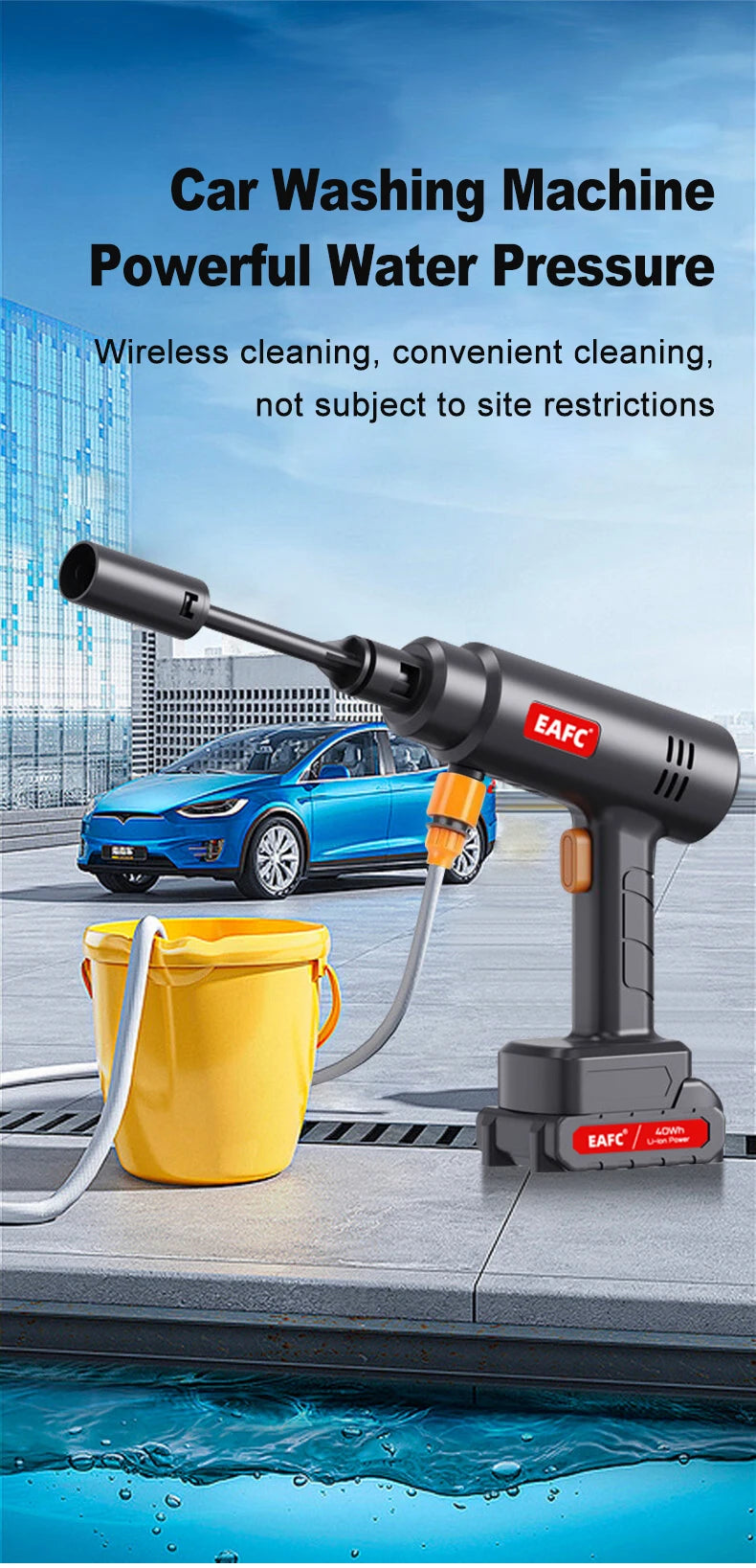 EAFC 60Bar Cordless Electric Car Wash Gun – High-Pressure Foam Spray Cleaner