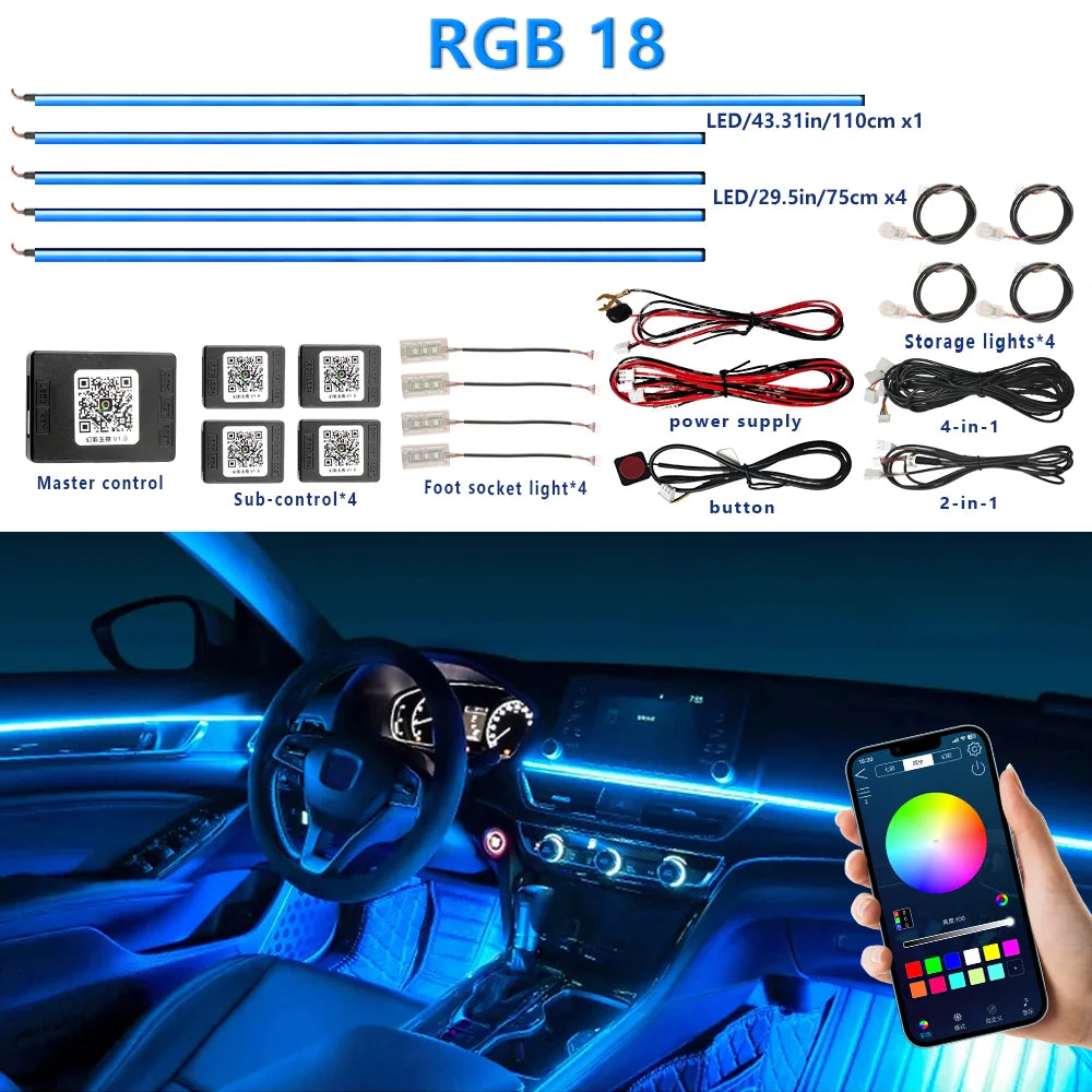 Full-Color RGB Car Interior Lighting – 18-in-1 Dual Zone Neon Acrylic Strip