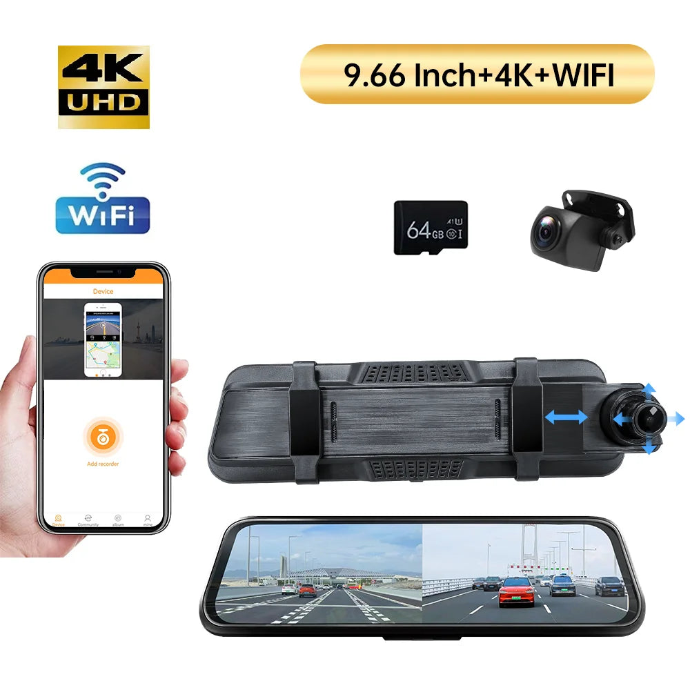 9.66” 4K Mirror Dash Cam – Dual Front & Rear View Smart Backup Camera