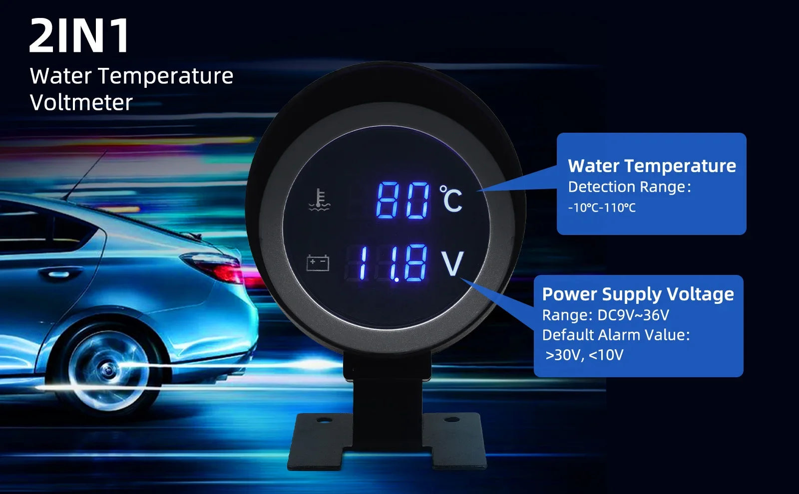 2-in-1 LED Digital Water Temp & Voltmeter – 12V/24V Car & Truck Gauge