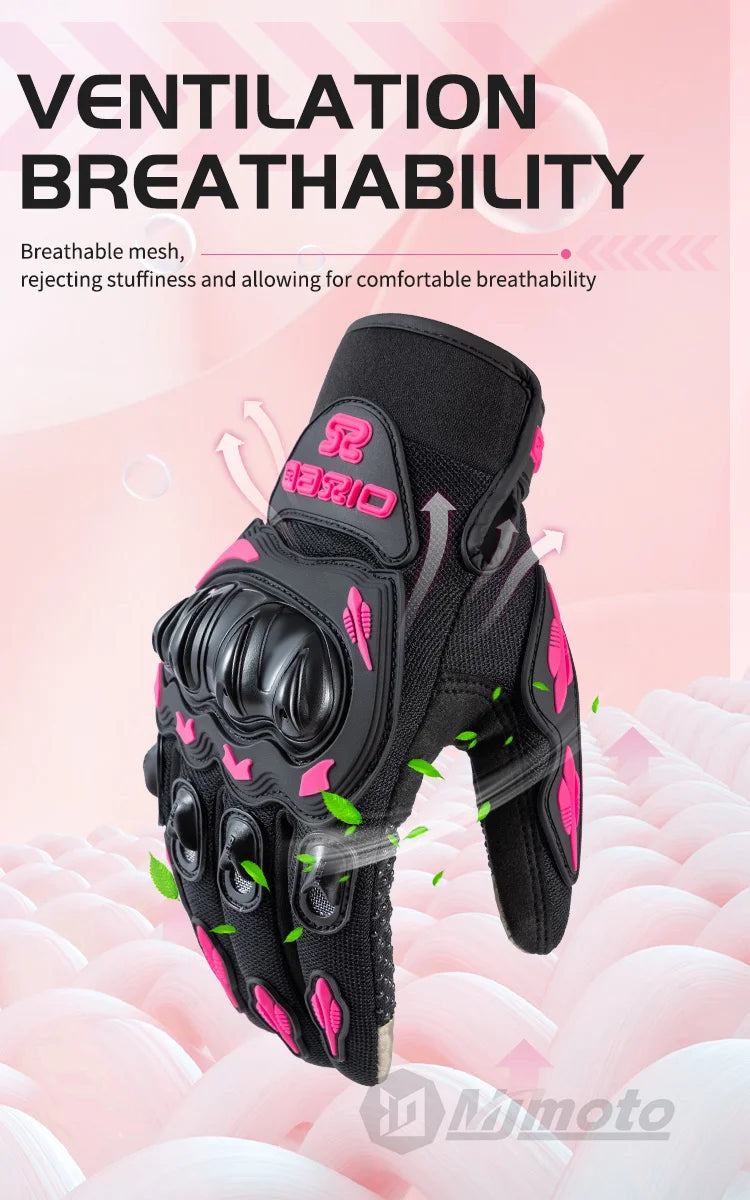 Unisex Touchscreen Moto Gloves – Pink & Black Lightweight Motorbike Gloves