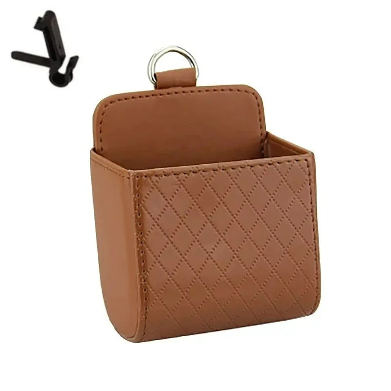 Universal Car Air Vent Hanging Organizer – Leather Storage & Phone Holder