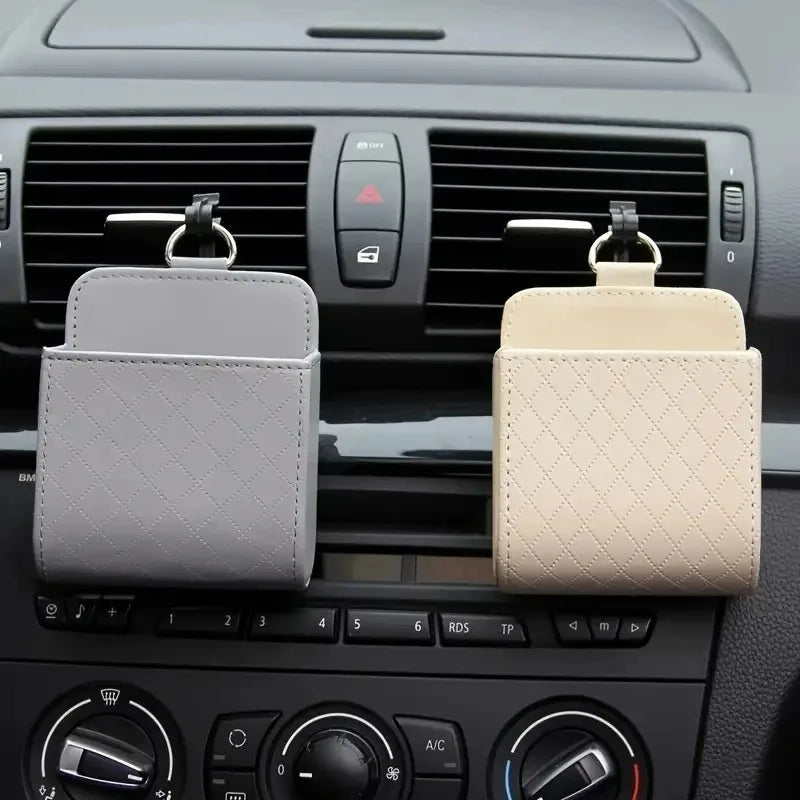 Universal Car Air Vent Hanging Organizer – Leather Storage & Phone Holder