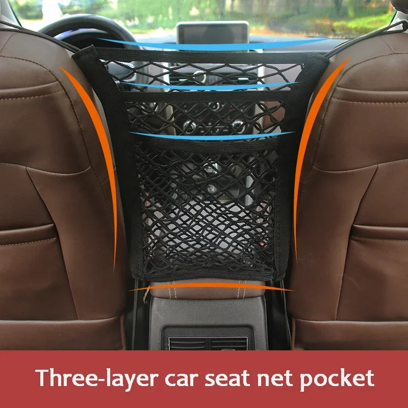 Car Storage Net Bag – Elastic Organizer & Pet Barrier Between Seats