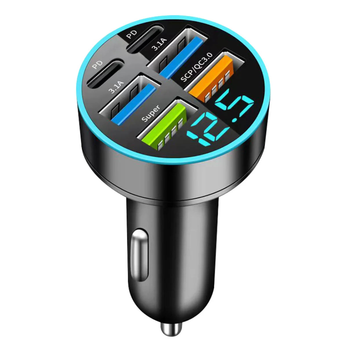 6-Port USB-C Car Charger – Super Fast Charging with Digital Voltage Display