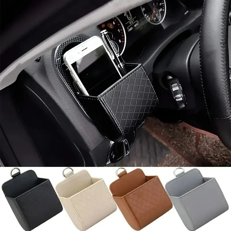Universal Car Air Vent Hanging Organizer – Leather Storage & Phone Holder