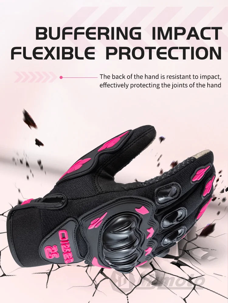 Unisex Touchscreen Moto Gloves – Pink & Black Lightweight Motorbike Gloves