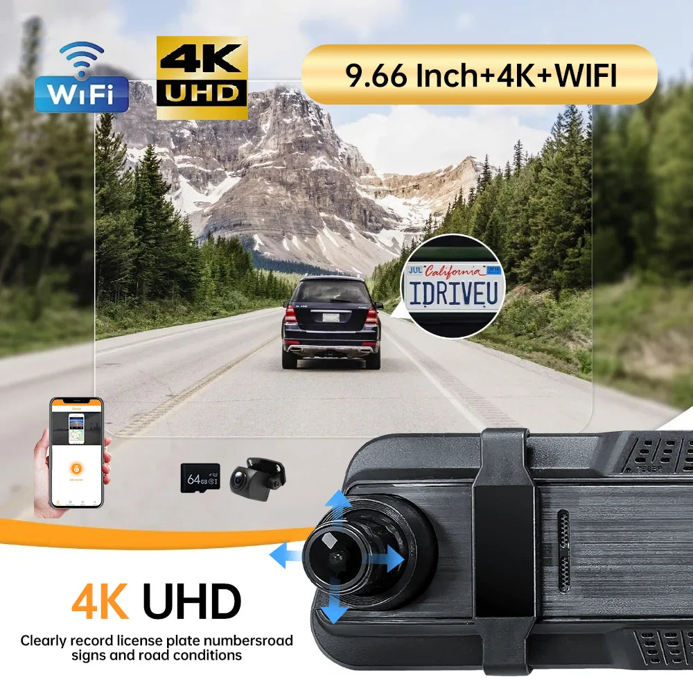 9.66” 4K Mirror Dash Cam – Dual Front & Rear View Smart Backup Camera