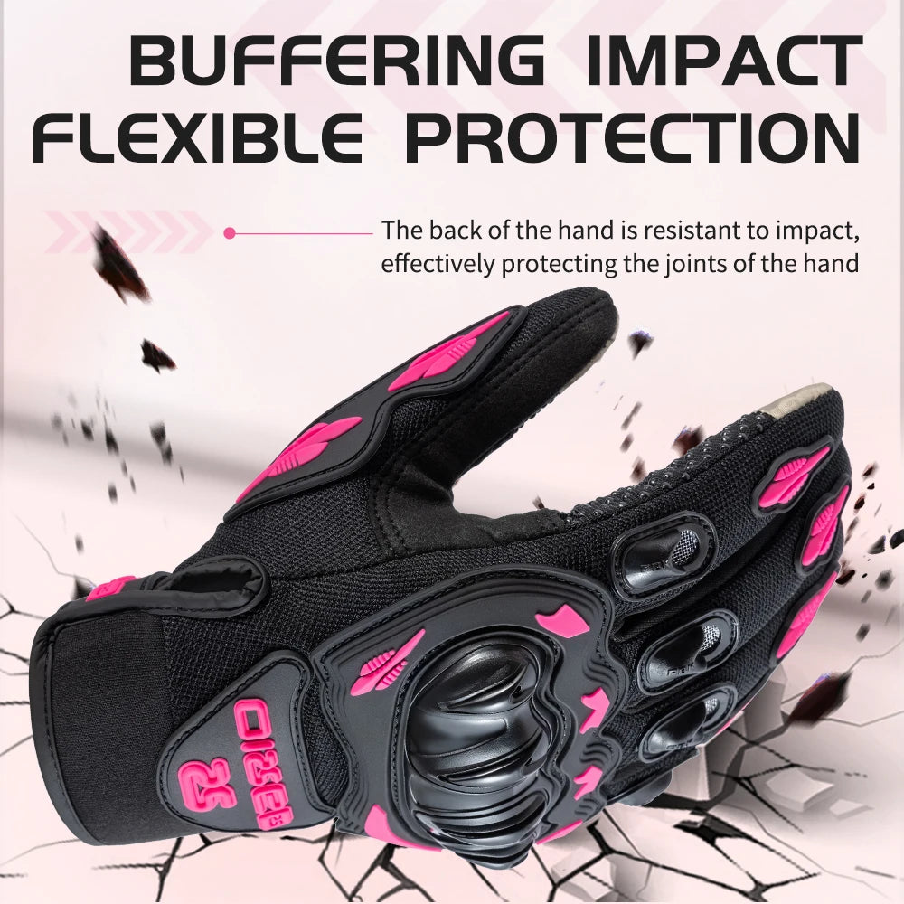 Unisex Touchscreen Moto Gloves – Pink & Black Lightweight Motorbike Gloves