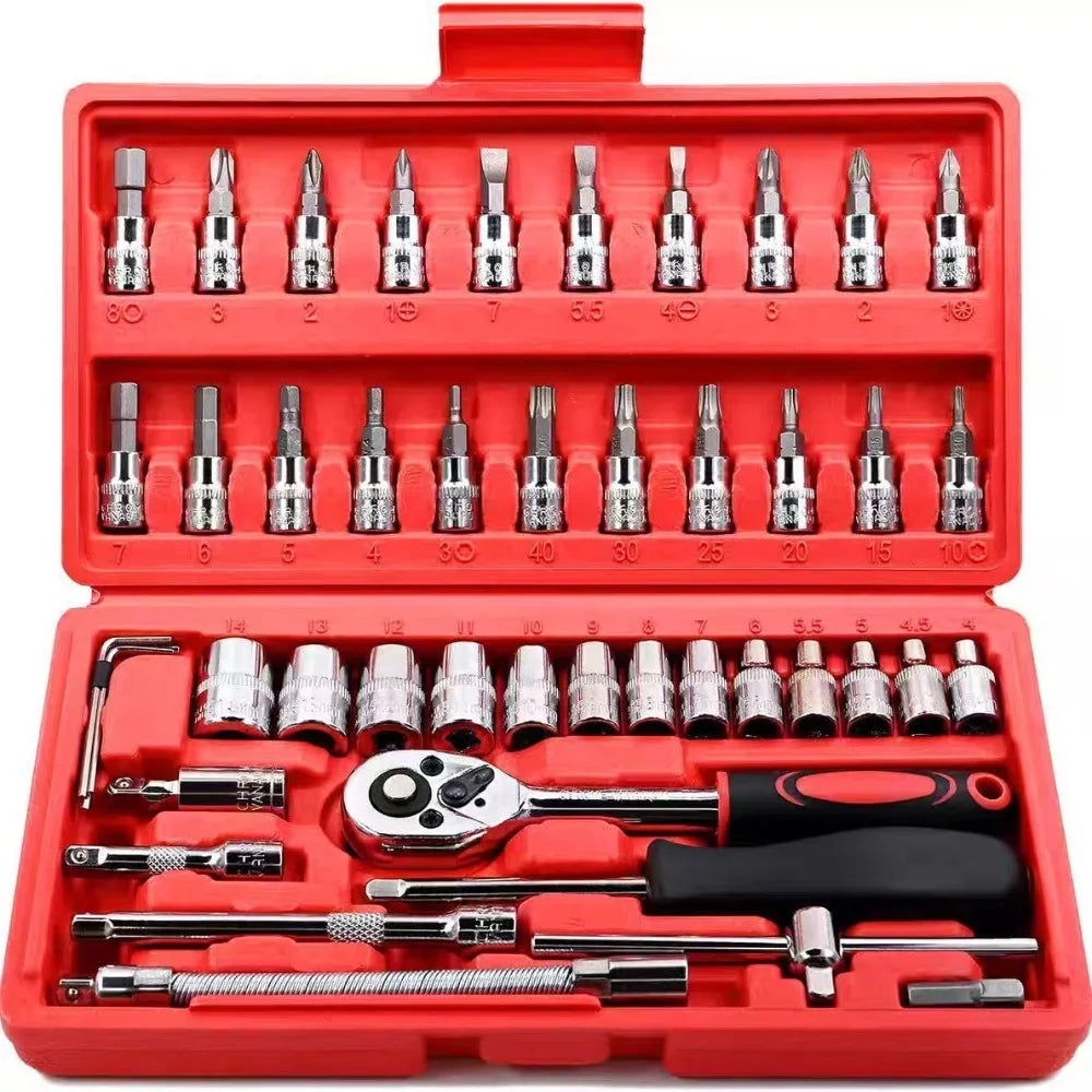 46-Piece Auto Repair Ratchet Wrench & Socket Tool Set – Vehicle Maintenance Kit