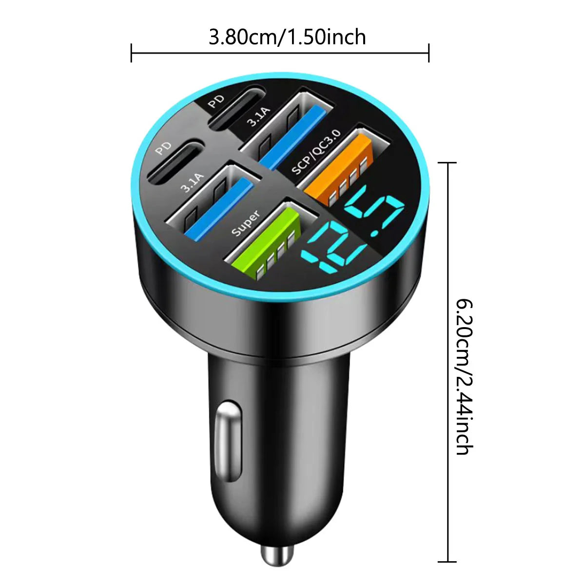 6-Port USB-C Car Charger – Super Fast Charging with Digital Voltage Display