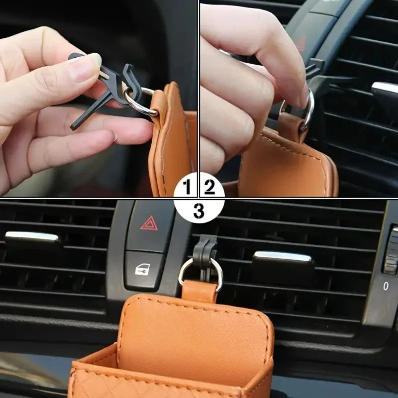 Universal Car Air Vent Hanging Organizer – Leather Storage & Phone Holder