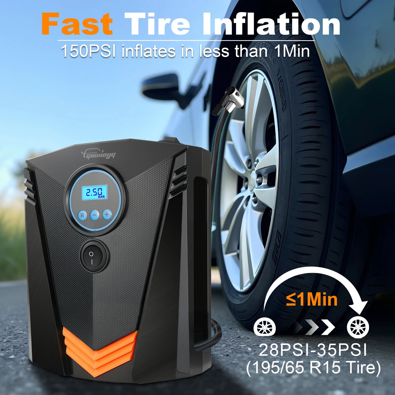 GUWIEYG DC12V Car Air Pump – 150PSI Digital Tire Inflator for Auto & Bikes