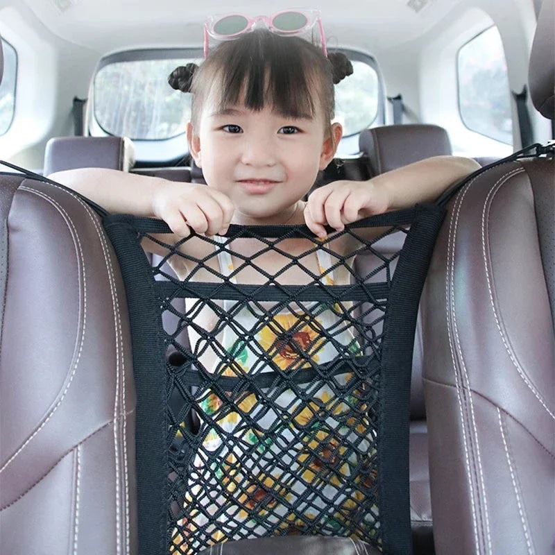 Car Storage Net Bag – Elastic Organizer & Pet Barrier Between Seats