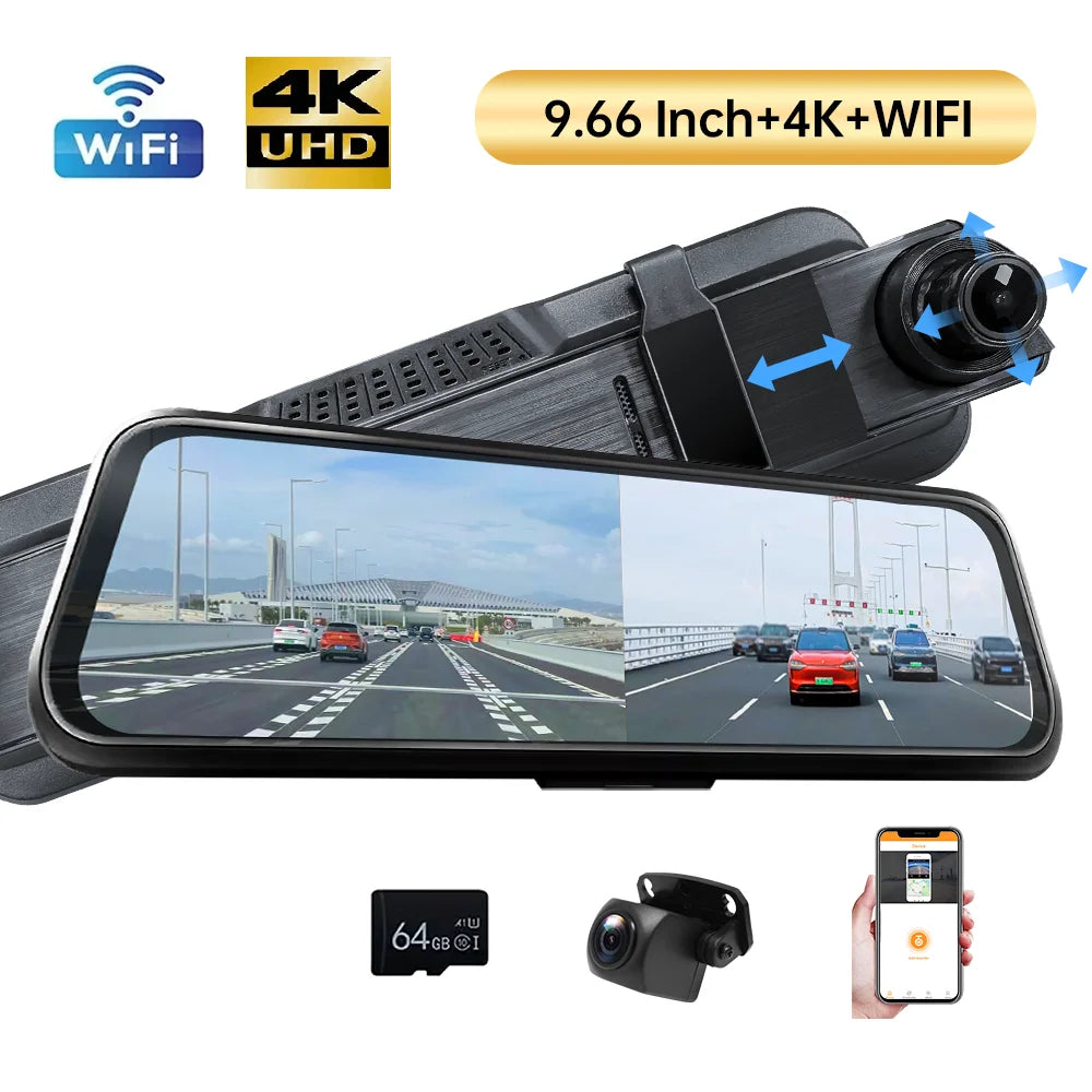 9.66” 4K Mirror Dash Cam – Dual Front & Rear View Smart Backup Camera