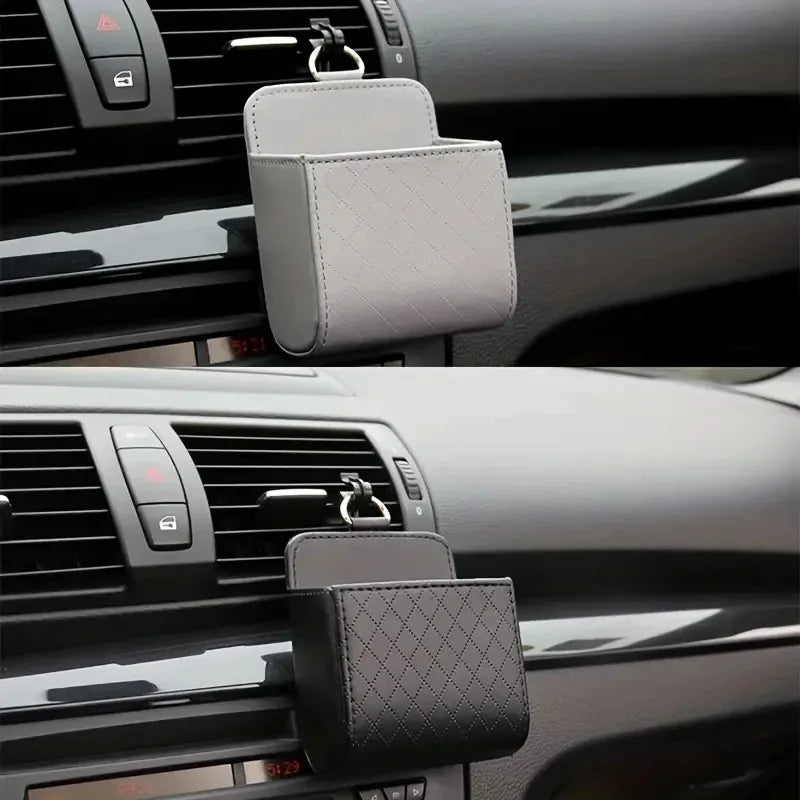 Universal Car Air Vent Hanging Organizer – Leather Storage & Phone Holder