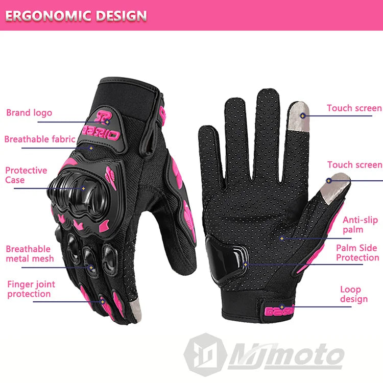 Unisex Touchscreen Moto Gloves – Pink & Black Lightweight Motorbike Gloves