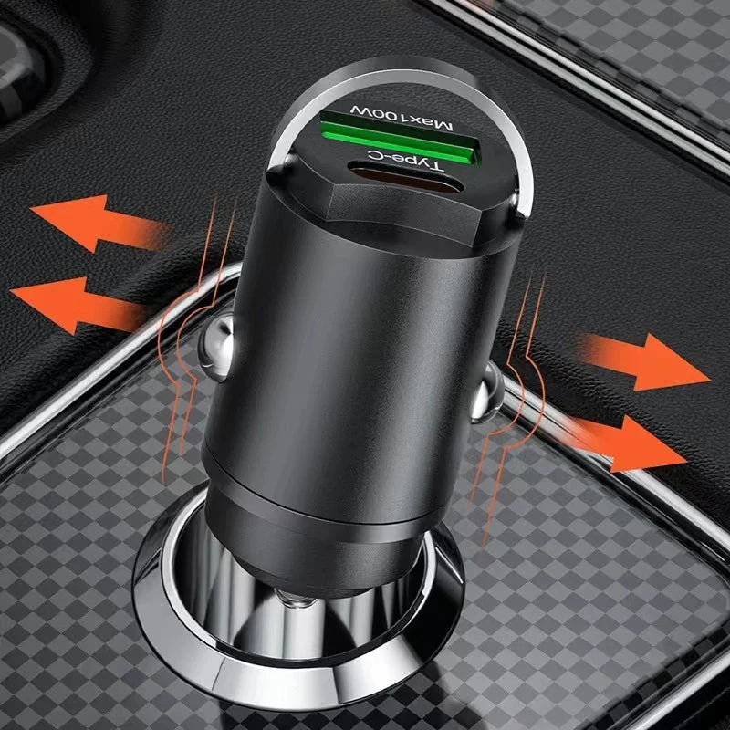 100W Mini Car Charger – PD Type-C Fast Charging for iPhone, Samsung