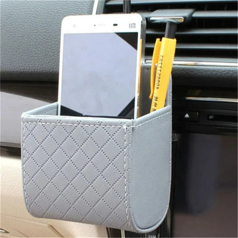 Universal Car Air Vent Hanging Organizer – Leather Storage & Phone Holder