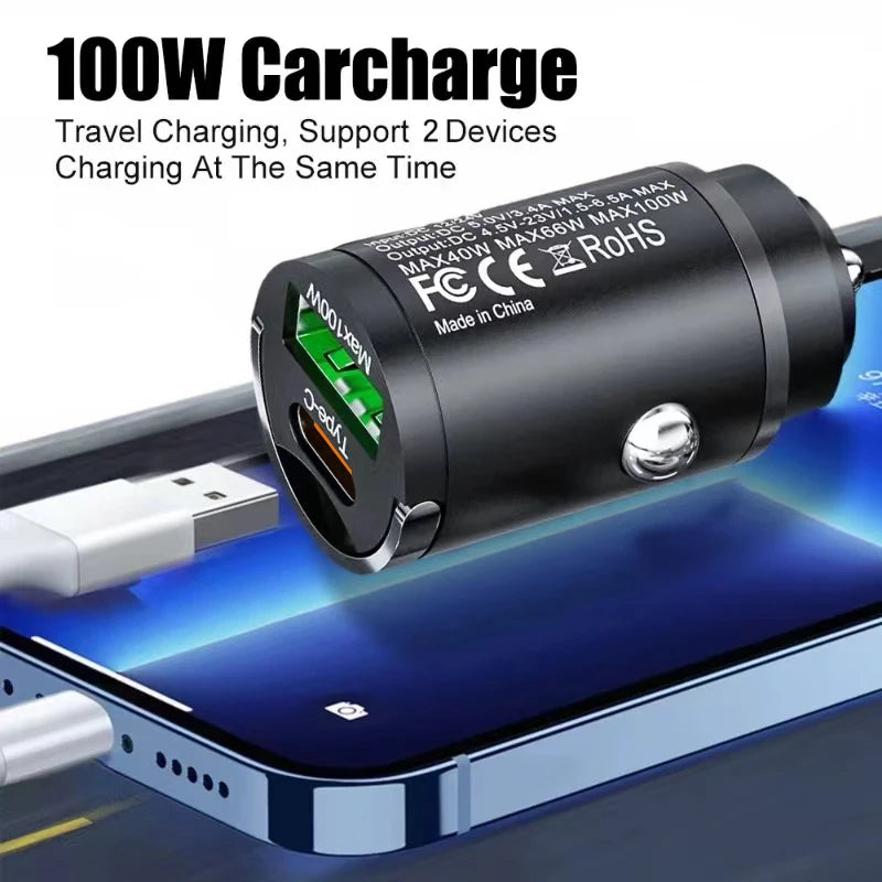 100W Mini Car Charger – PD Type-C Fast Charging for iPhone, Samsung