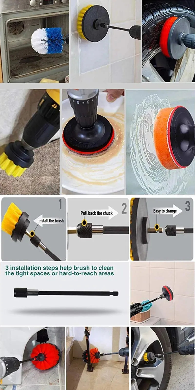 Electric Drill Brush Cleaning Kit – Multi-Purpose Scrubber Set for Car, Kitchen & Bathroom
