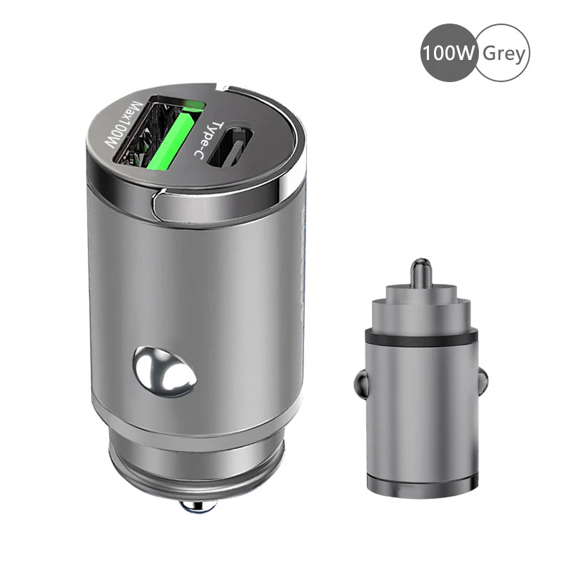100W Mini Car Charger – Fast PD & QC3.0 USB-C for iPhone, Samsung
