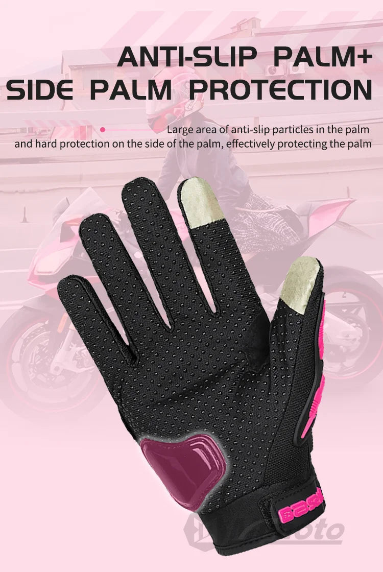 Unisex Touchscreen Moto Gloves – Pink & Black Lightweight Motorbike Gloves